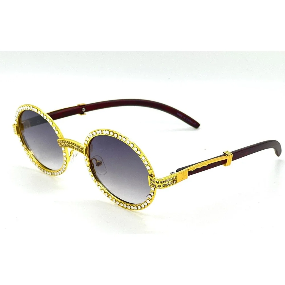 Rhinestone Sunglasses ‎ Gold Wood Tone Accents Men Black Gradient Lens Classic